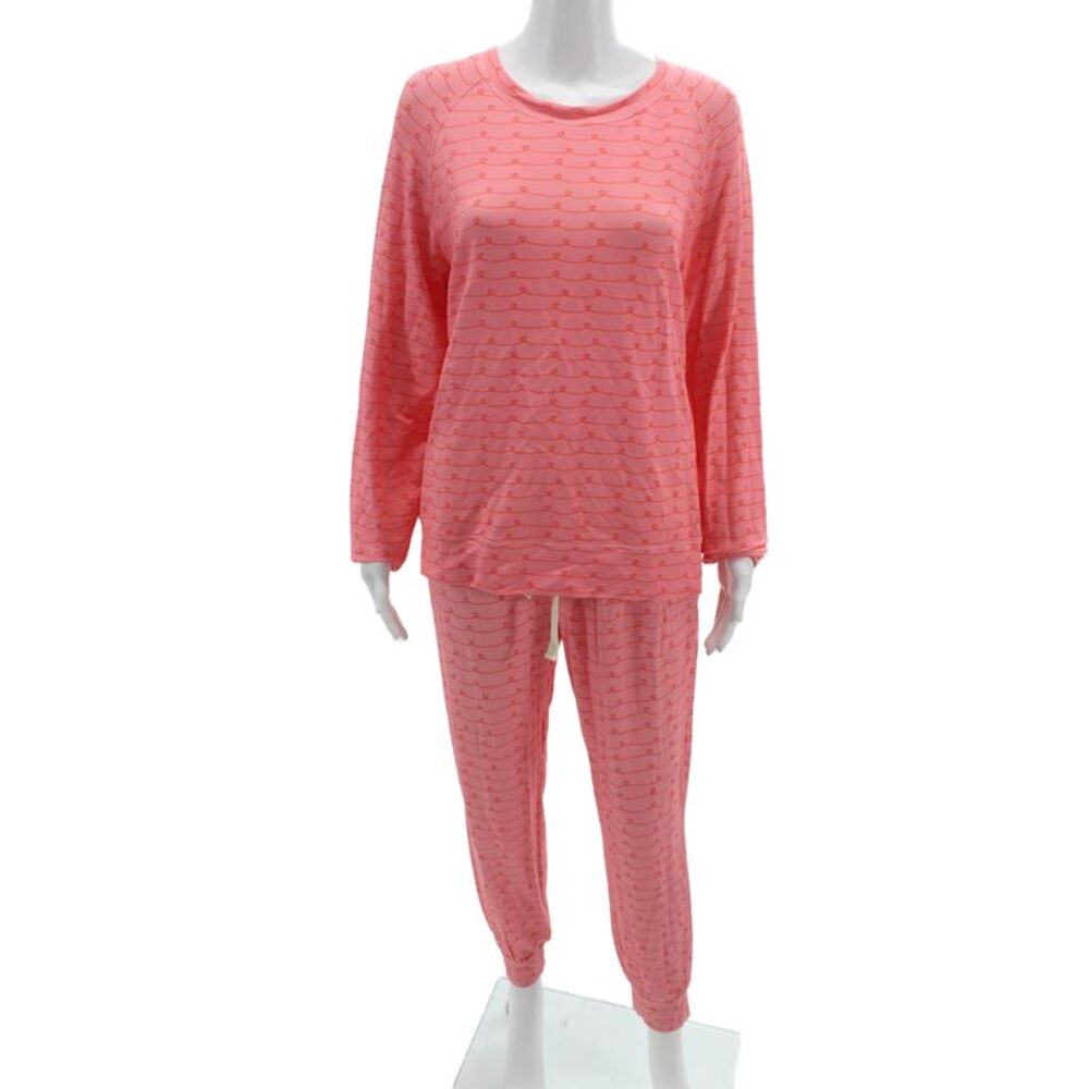 Stripe & Stare Womens Heart Print Crew Neck Long Sleeve Pajama Set Pink Size L